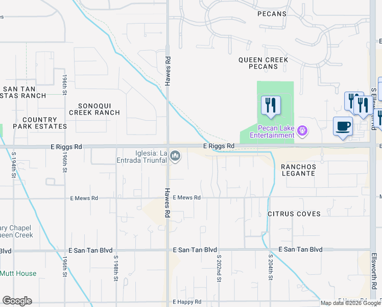 map of restaurants, bars, coffee shops, grocery stores, and more near 20015 East Riggs Road in Queen Creek