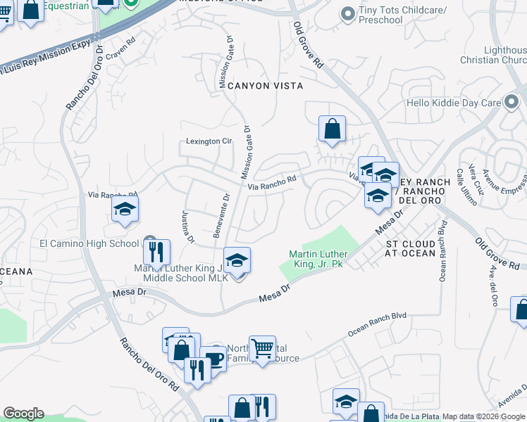 map of restaurants, bars, coffee shops, grocery stores, and more near 417 Alyssum Way in Oceanside