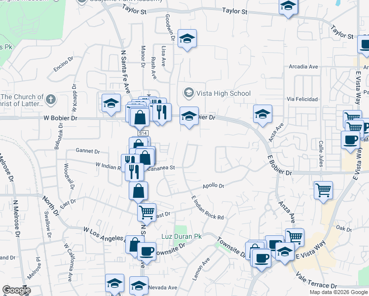 map of restaurants, bars, coffee shops, grocery stores, and more near 1346 East Indian Rock Road in Vista