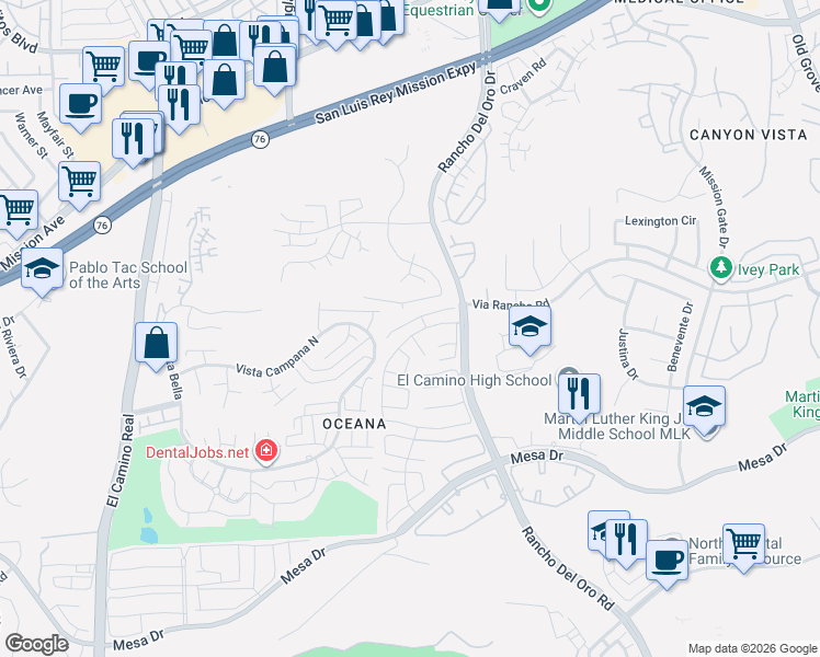 map of restaurants, bars, coffee shops, grocery stores, and more near 3755 Savory Way in Oceanside