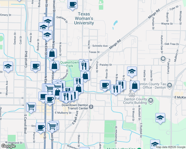 map of restaurants, bars, coffee shops, grocery stores, and more near 615 Frame Street in Denton