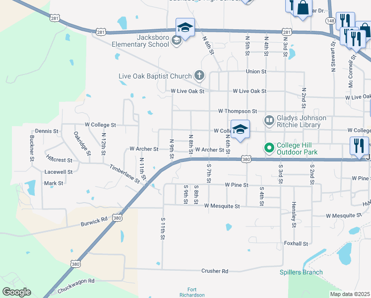 map of restaurants, bars, coffee shops, grocery stores, and more near 1126 West Archer Street in Jacksboro