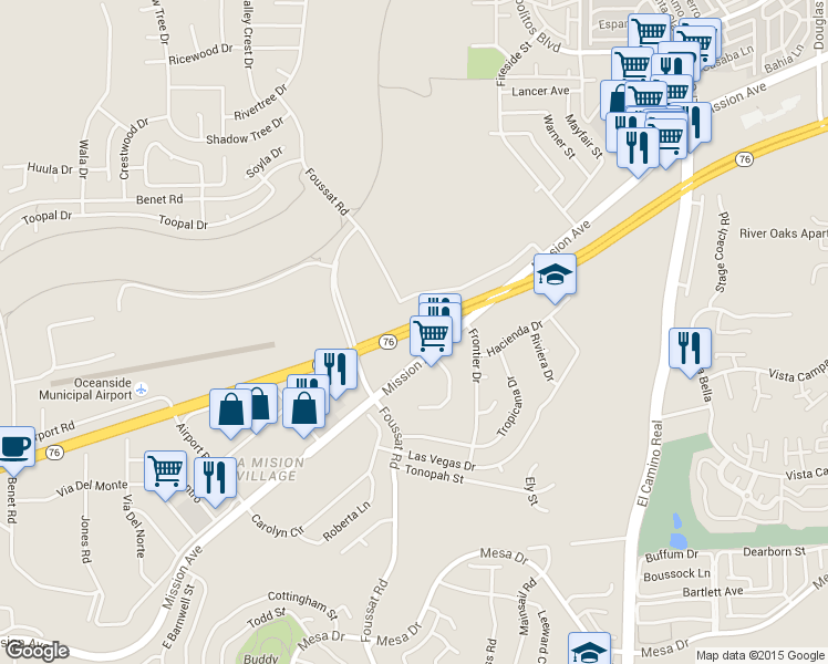 map of restaurants, bars, coffee shops, grocery stores, and more near San Luis Rey Mission Expy in Oceanside