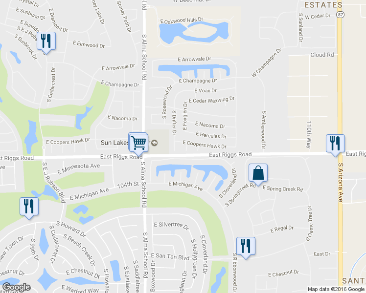 map of restaurants, bars, coffee shops, grocery stores, and more near 25042 South Foxglenn Drive in Sun Lakes