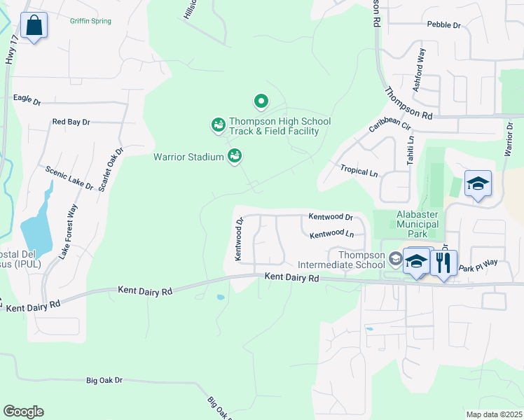 map of restaurants, bars, coffee shops, grocery stores, and more near 228 Kentwood Drive in Alabaster