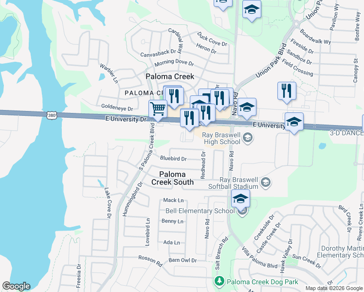 map of restaurants, bars, coffee shops, grocery stores, and more near 1625 Flamingo Drive in Little Elm