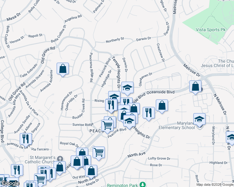 map of restaurants, bars, coffee shops, grocery stores, and more near 1523 Temple Heights Drive in Oceanside