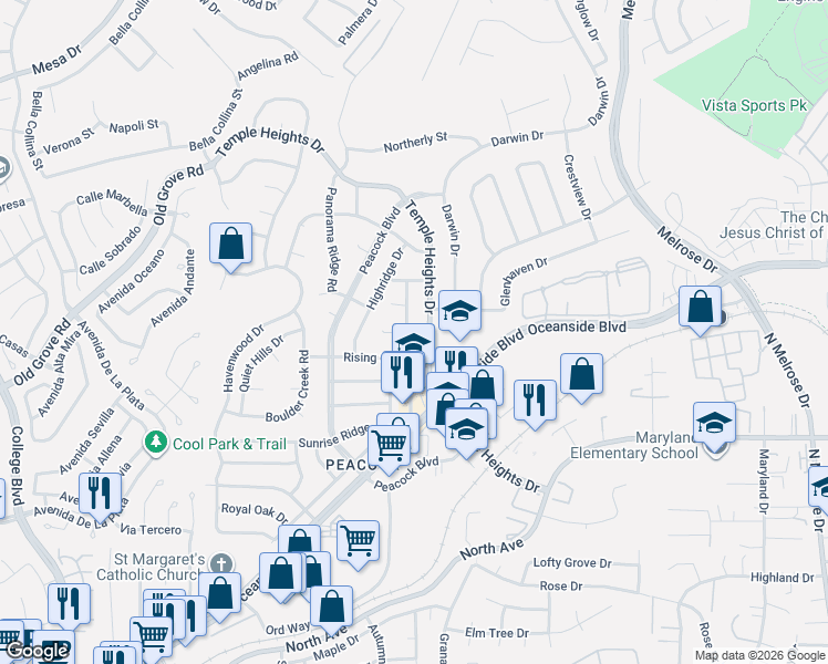 map of restaurants, bars, coffee shops, grocery stores, and more near 1522 Rolling Hills Drive in Oceanside