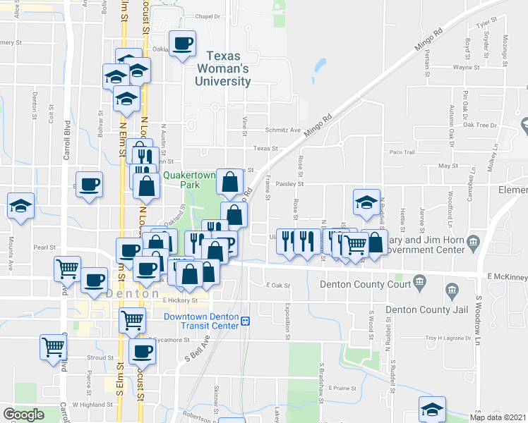 map of restaurants, bars, coffee shops, grocery stores, and more near 615 Frame Street in Denton