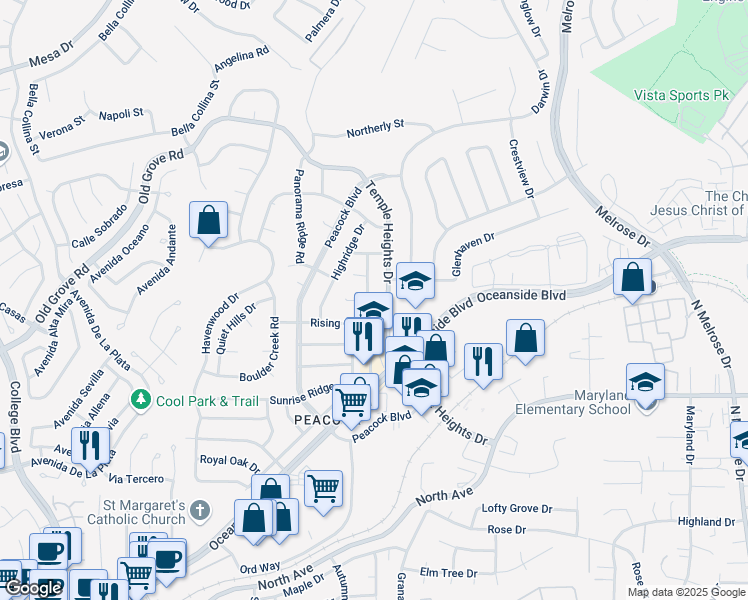 map of restaurants, bars, coffee shops, grocery stores, and more near 1522 Rolling Hills Drive in Oceanside