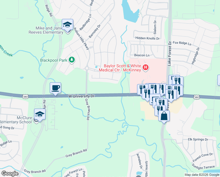 map of restaurants, bars, coffee shops, grocery stores, and more near 5440 West University Drive in McKinney