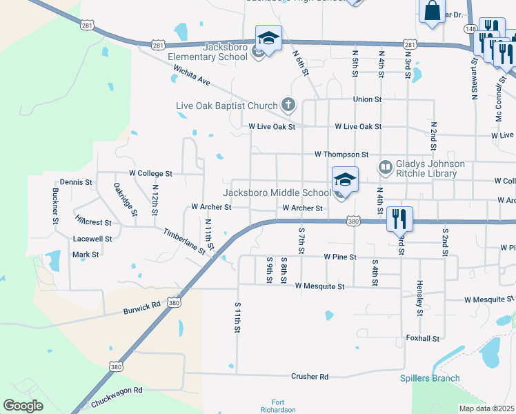 map of restaurants, bars, coffee shops, grocery stores, and more near 1126 West Archer Street in Jacksboro
