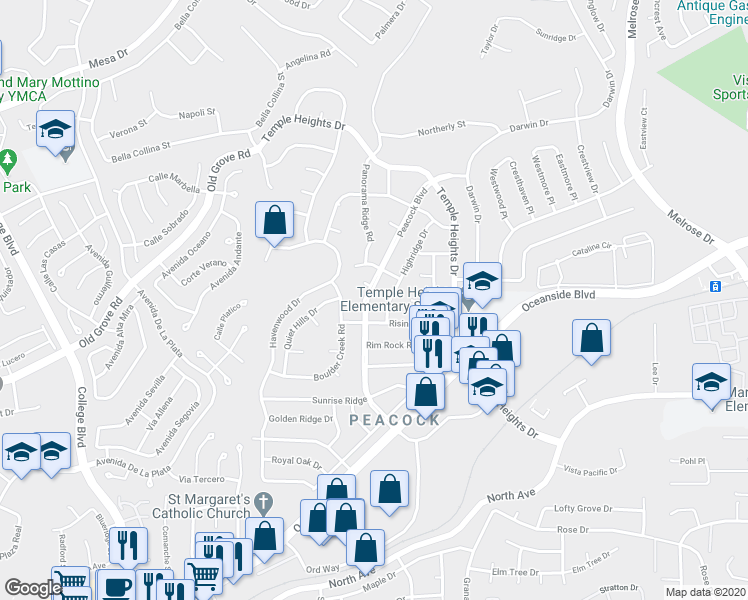 map of restaurants, bars, coffee shops, grocery stores, and more near 1554 Peacock Boulevard in Oceanside