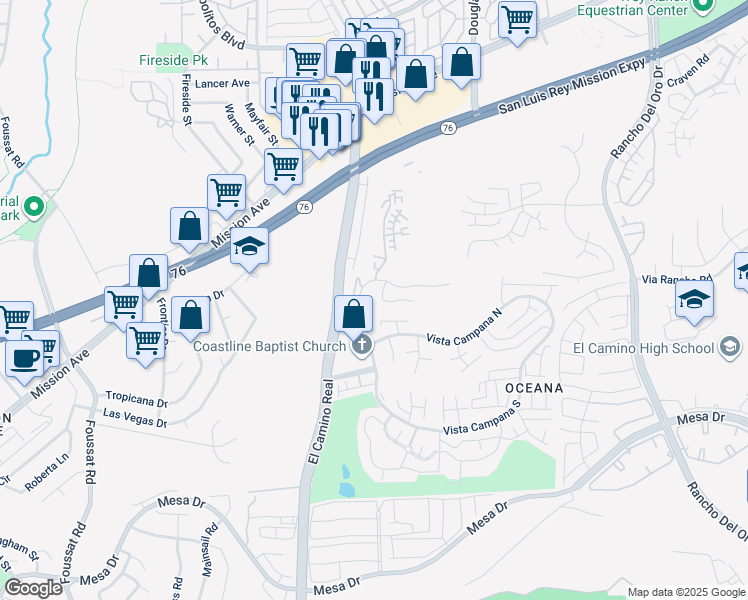 map of restaurants, bars, coffee shops, grocery stores, and more near 3660 Vista Campana North in Oceanside
