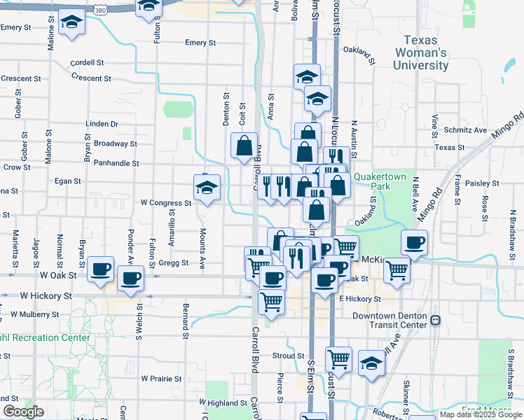 map of restaurants, bars, coffee shops, grocery stores, and more near 413 West Congress Street in Denton