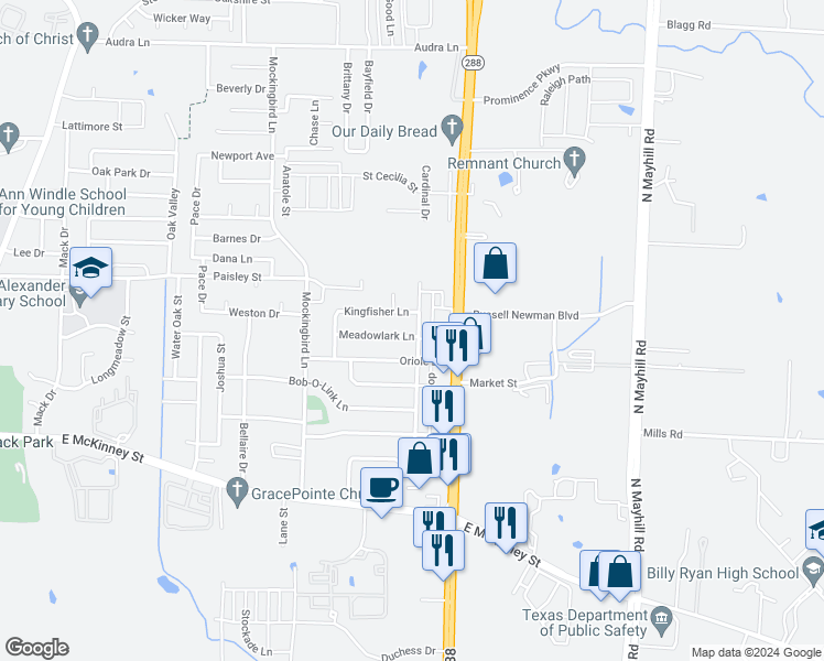 map of restaurants, bars, coffee shops, grocery stores, and more near 3509 Meadowlark Lane in Denton
