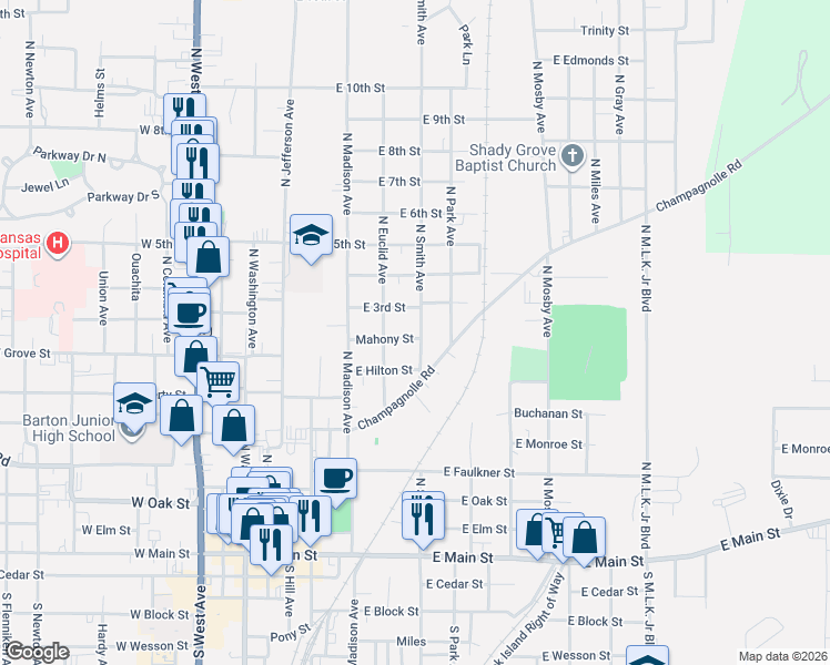 map of restaurants, bars, coffee shops, grocery stores, and more near 806 North Park Avenue in El Dorado