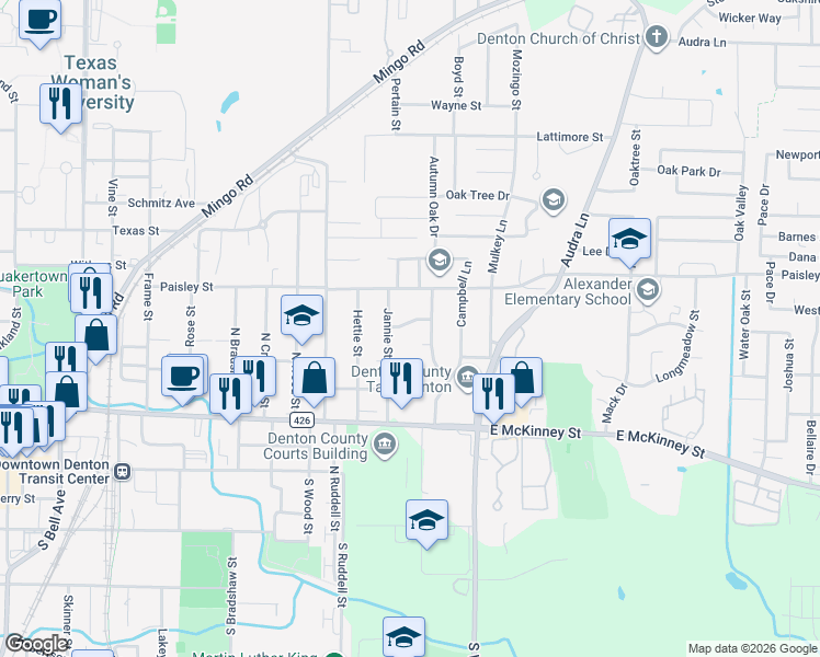 map of restaurants, bars, coffee shops, grocery stores, and more near 1414 Noble Street in Denton