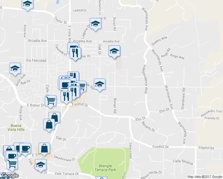map of restaurants, bars, coffee shops, grocery stores, and more near 1424 Bonair Road in Vista