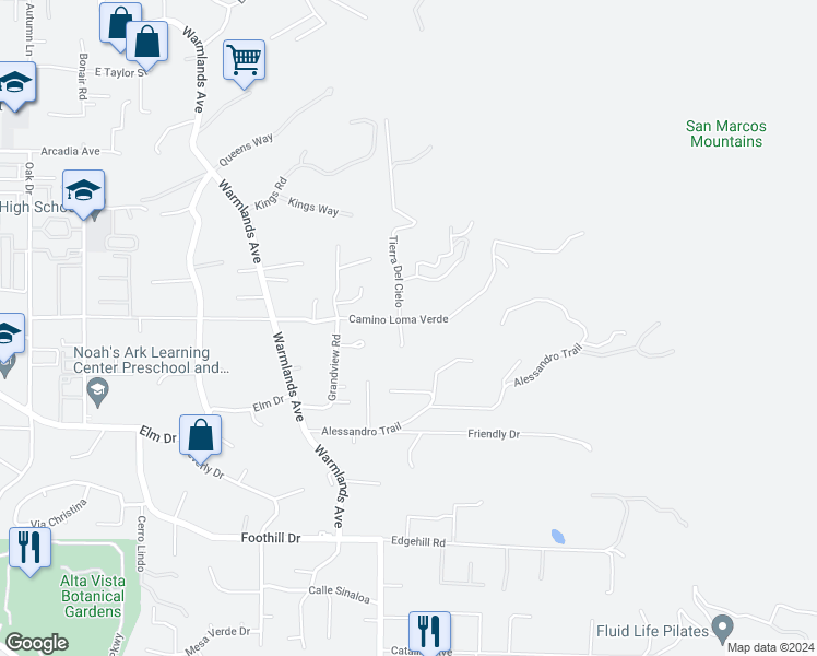 map of restaurants, bars, coffee shops, grocery stores, and more near 1315 Sonia Court in Vista