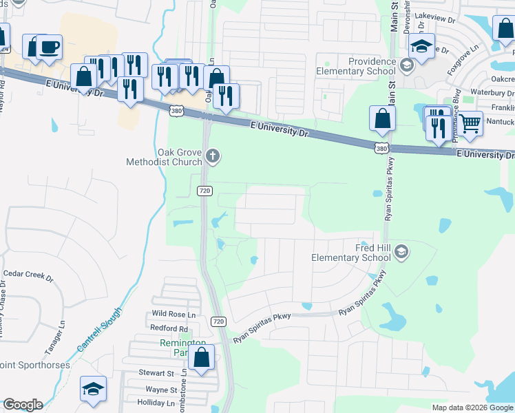 map of restaurants, bars, coffee shops, grocery stores, and more near Brandon Way in Aubrey