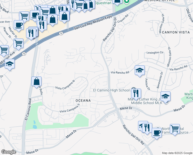 map of restaurants, bars, coffee shops, grocery stores, and more near 3749 Savory Way in Oceanside