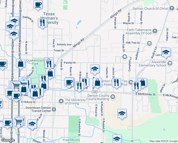 map of restaurants, bars, coffee shops, grocery stores, and more near 603 North Crawford Street in Denton