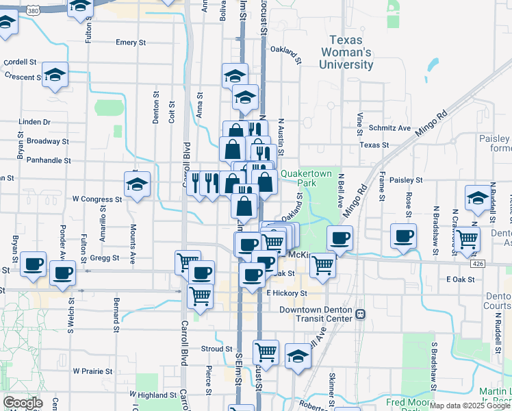 map of restaurants, bars, coffee shops, grocery stores, and more near 531 North Locust Street in Denton