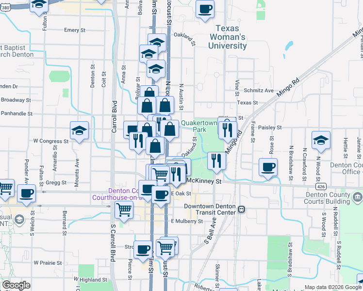 map of restaurants, bars, coffee shops, grocery stores, and more near 516 North Austin Street in Denton