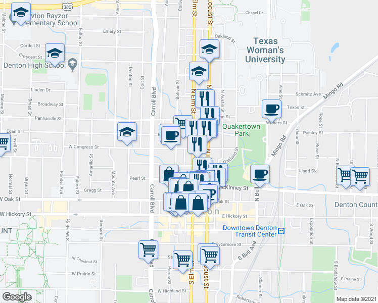 map of restaurants, bars, coffee shops, grocery stores, and more near 523a U.S. 377 in Denton