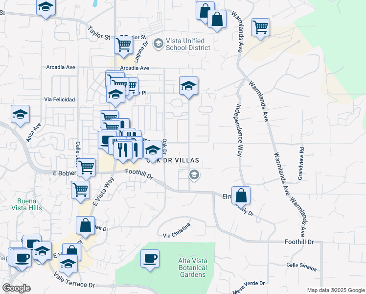 map of restaurants, bars, coffee shops, grocery stores, and more near 1424 Bonair Road in Vista