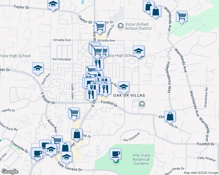 map of restaurants, bars, coffee shops, grocery stores, and more near 1101-1299 Monte Mar Road in Vista