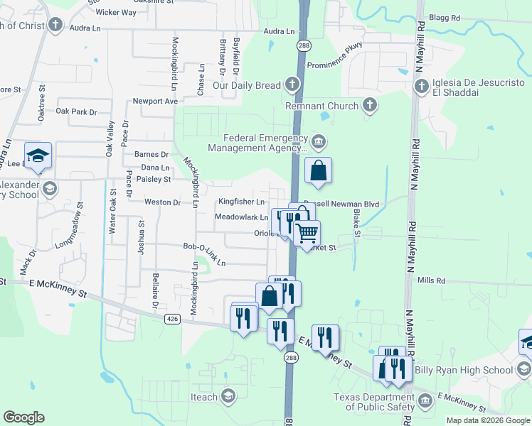 map of restaurants, bars, coffee shops, grocery stores, and more near 3509 Meadowlark Lane in Denton