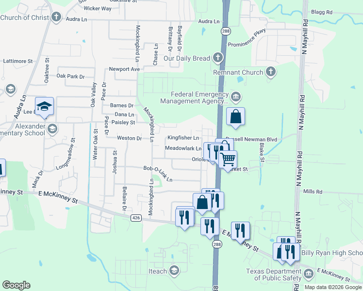 map of restaurants, bars, coffee shops, grocery stores, and more near 3407 Meadowlark Lane in Denton