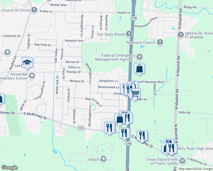 map of restaurants, bars, coffee shops, grocery stores, and more near 3407 Meadowlark Lane in Denton