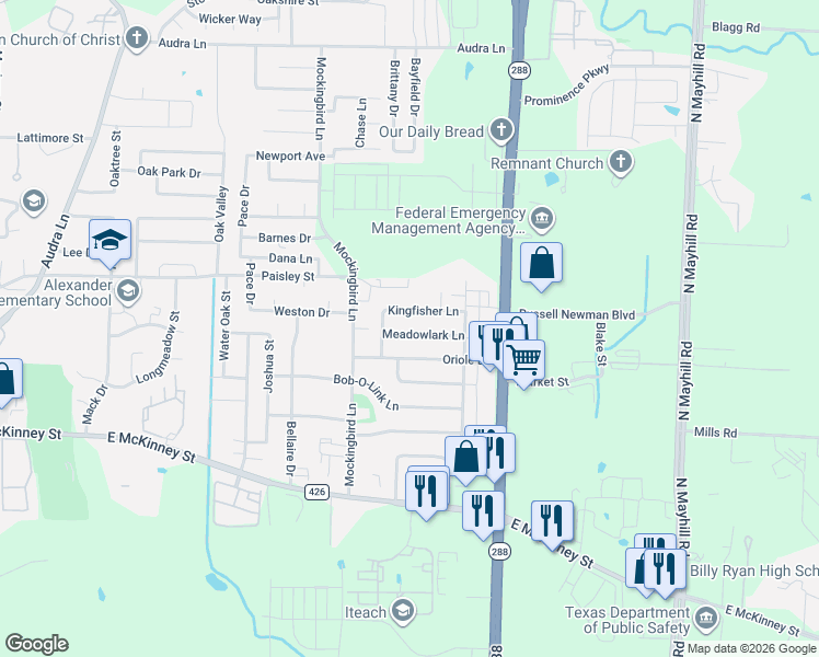 map of restaurants, bars, coffee shops, grocery stores, and more near 3407 Meadowlark Lane in Denton