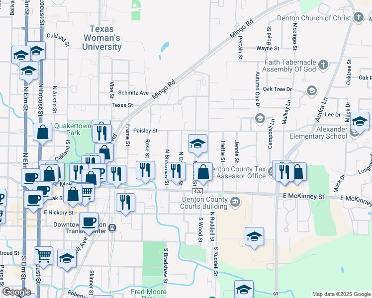map of restaurants, bars, coffee shops, grocery stores, and more near 603 North Crawford Street in Denton