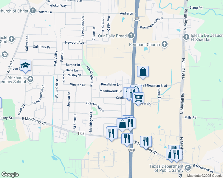 map of restaurants, bars, coffee shops, grocery stores, and more near 3407 Meadowlark Ln in Denton