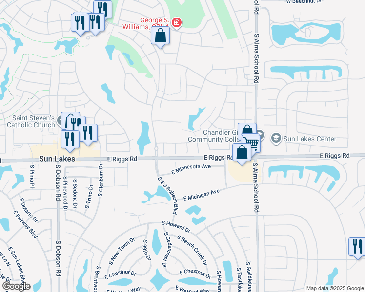 map of restaurants, bars, coffee shops, grocery stores, and more near 25031 South Angora Court in Sun Lakes