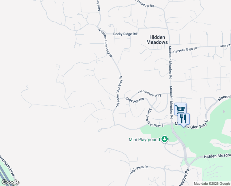 map of restaurants, bars, coffee shops, grocery stores, and more near 28516 Meadow Glen Way West in Escondido