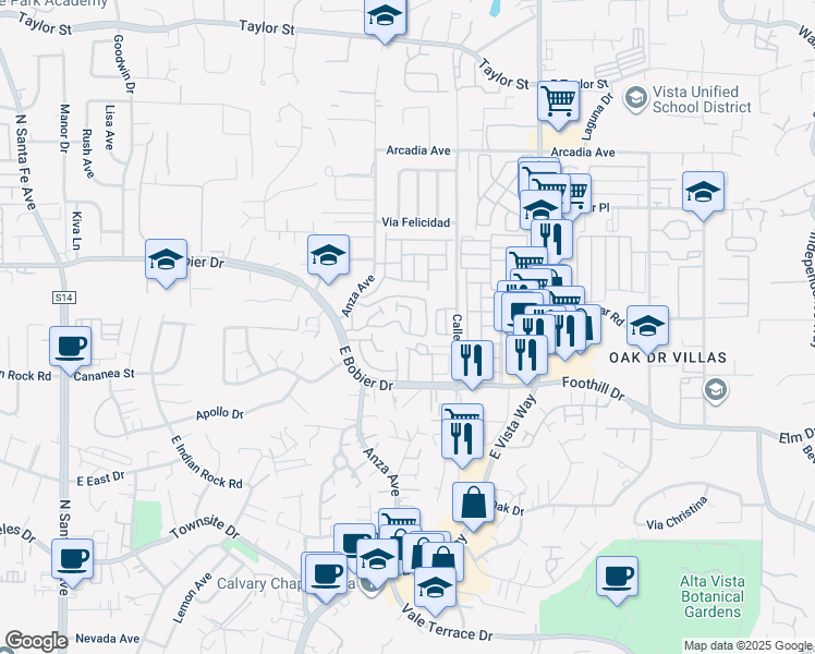 map of restaurants, bars, coffee shops, grocery stores, and more near 1400 Market Street in Vista
