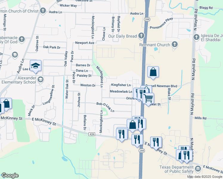 map of restaurants, bars, coffee shops, grocery stores, and more near 3311 Meadowlark Lane in Denton