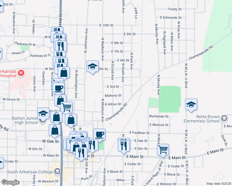 map of restaurants, bars, coffee shops, grocery stores, and more near 604 Mahony Street in El Dorado