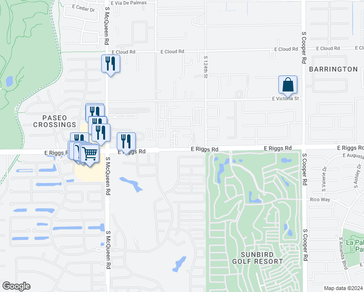 map of restaurants, bars, coffee shops, grocery stores, and more near 1383 East Sagittarius Place in Chandler