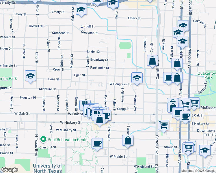 map of restaurants, bars, coffee shops, grocery stores, and more near 1117 West Congress Street in Denton