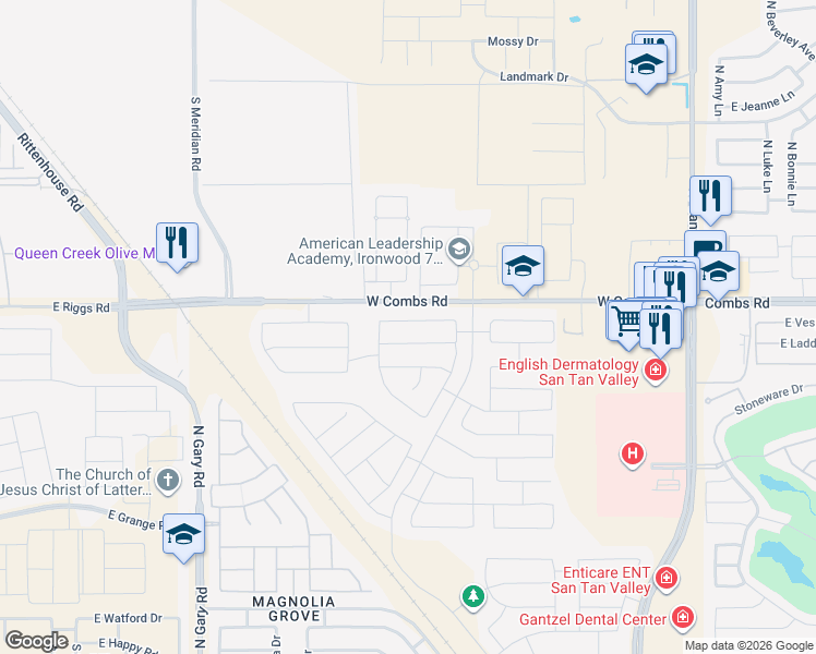 map of restaurants, bars, coffee shops, grocery stores, and more near 779 Blue Ridge Drive in San Tan Valley