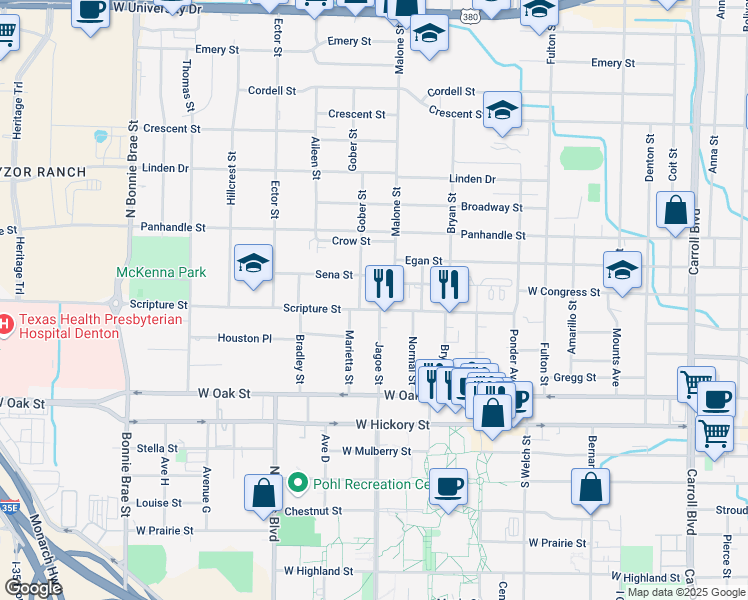 map of restaurants, bars, coffee shops, grocery stores, and more near 515 Malone Street in Denton
