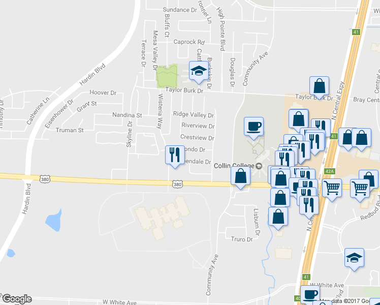 map of restaurants, bars, coffee shops, grocery stores, and more near 2115 Redondo Drive in McKinney