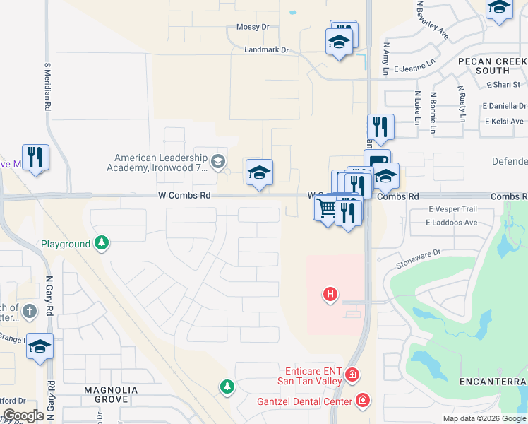 map of restaurants, bars, coffee shops, grocery stores, and more near 335 Pinnacle Ridge Drive in San Tan Valley