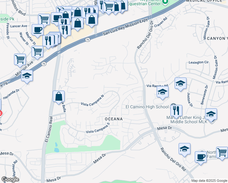 map of restaurants, bars, coffee shops, grocery stores, and more near 3890 Vista Campana North in Oceanside